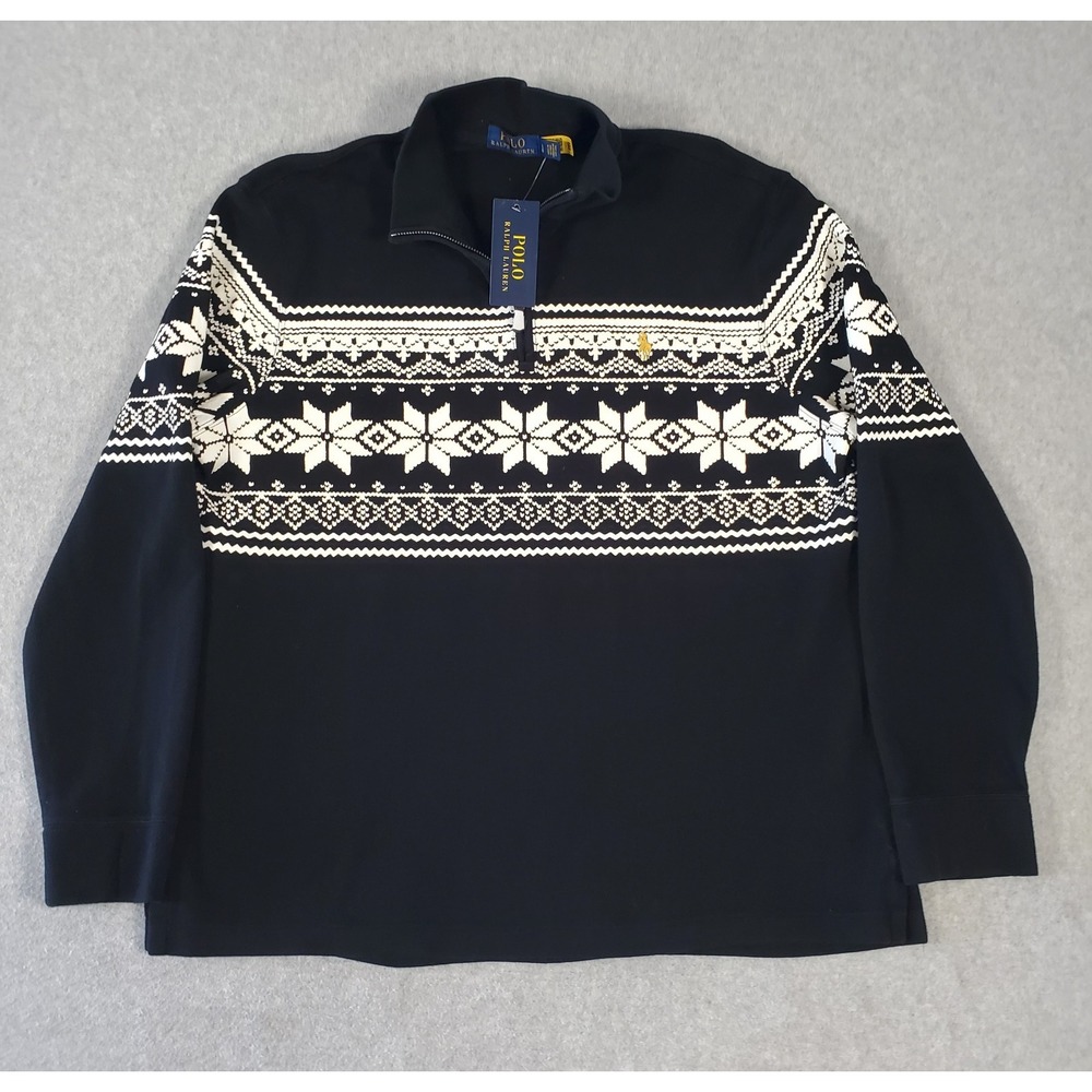 Polo Ralph Lauren 1/4 Zip Sweater Mens Large Snowflake Christmas Black White NEW